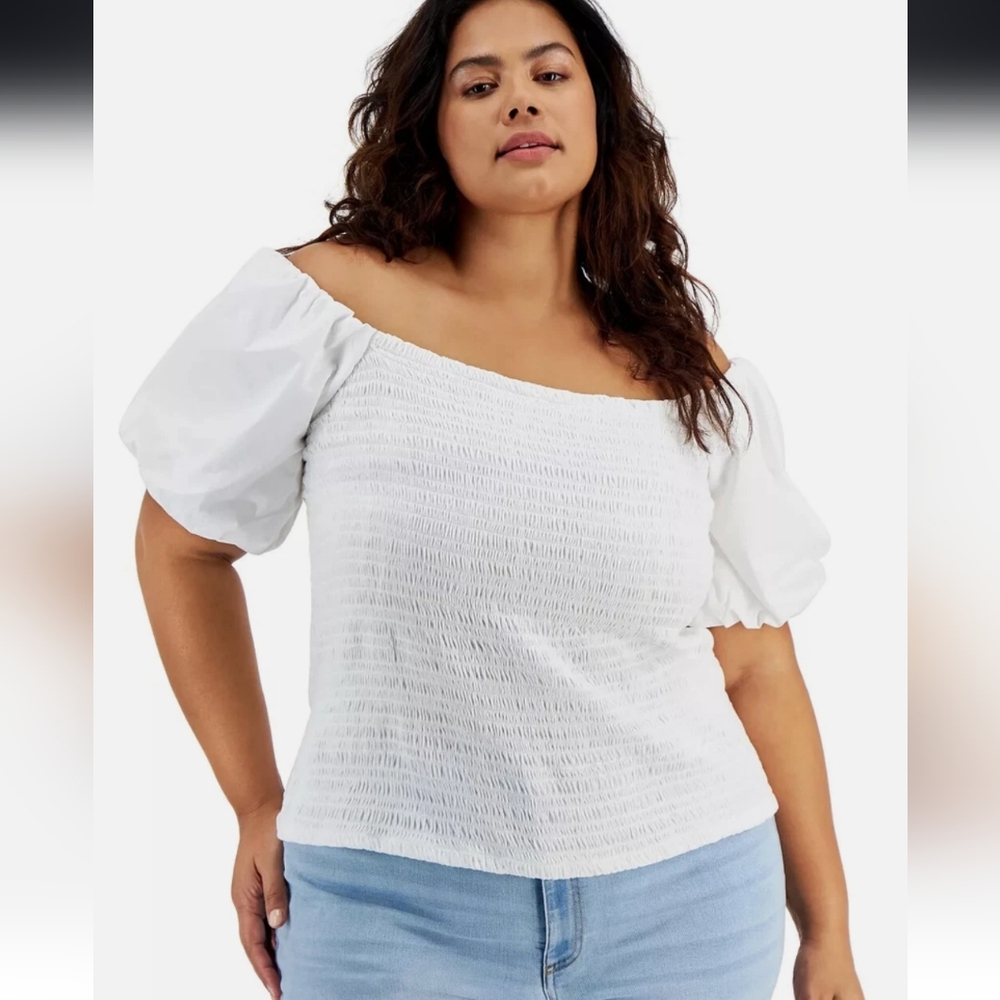 INC 1X Plus Off The Shoulder Smocked White Cotton Puff Sleeve Stretch Top NWT